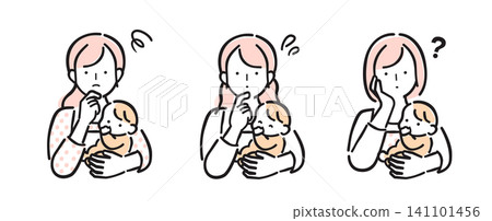 一位身穿圍裙、抱著嬰兒的女子;一系列表達焦慮、擔憂和懷疑的表情;簡單的彩色插圖。 一位身穿圍裙、抱著嬰兒的女子;一系列表達焦慮、擔憂和懷疑的表情;簡單的彩色插圖。 141101456