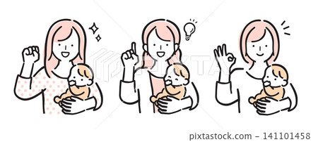 一組插圖，描繪了一位抱著嬰兒、表情喜悅的女性，線條簡潔，色彩樸素。 141101458