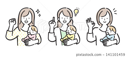 一組簡單的線條藝術插圖,描繪了一位抱著嬰兒、表情喜悅的女性,色彩柔和。 一組簡單的線條藝術插圖,描繪了一位抱著嬰兒、表情喜悅的女性,色彩柔和。 141101459