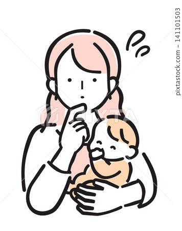 A woman holding a baby and feeling a sense of doubt. (Simple color illustration) A woman holding a baby and feeling a sense of doubt. (Simple color illustration) 141101503