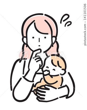一幅簡單的彩色插圖,描繪了一位穿著圍裙的女人抱著一個嬰兒(臉上帶著疑問或擔憂的表情)。 一幅簡單的彩色插圖,描繪了一位穿著圍裙的女人抱著一個嬰兒(臉上帶著疑問或擔憂的表情)。 141101506