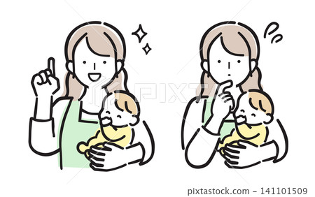 一組以柔和色調描繪一位抱著嬰兒的女性的喜悅與憂慮的插圖。 一組以柔和色調描繪一位抱著嬰兒的女性的喜悅與憂慮的插圖。 141101509