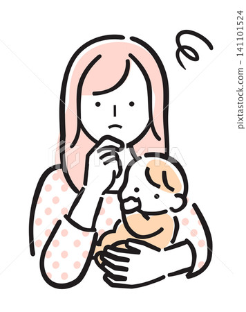 一幅簡單的彩色插圖，描繪了一位抱著嬰兒、神情憂慮的女子。 141101524