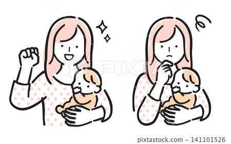 一組簡單的彩色插圖，描繪了一位抱著嬰兒的女性的喜悅和焦慮。 141101526
