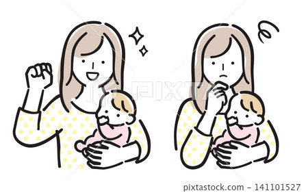 一組柔和色調的插圖，描繪了一位抱著嬰兒的女性的喜悅和焦慮。 141101527