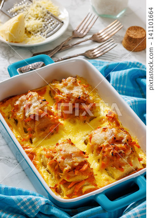 Cheesy Veggie Baked White Fish in blue baking dish 141101664
