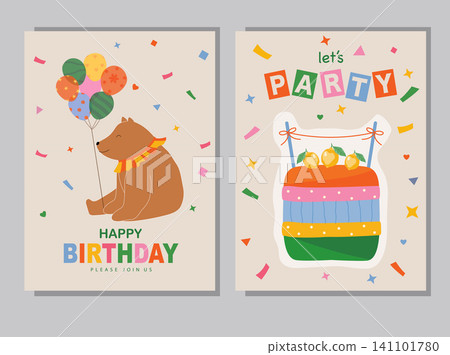 Set of children's birthday greeting cards .Cute animals design.poster,template,greeting cards,Vector illustrations. 141101780