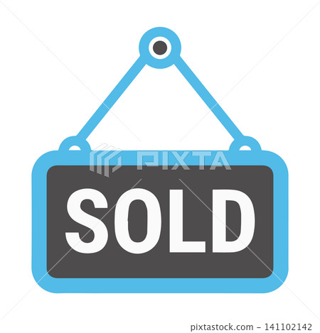 Sold sign hanging with blue border and grey background on white backdrop Sold sign hanging with blue border and grey background on white backdrop 141102142