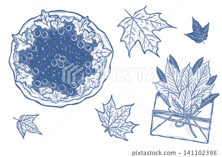 Harvest Berry Tart with Autumn Leaves and Decorative Letter in Vintage Blue Style Harvest Berry Tart with Autumn Leaves and Decorative Letter in Vintage Blue Style 141102398