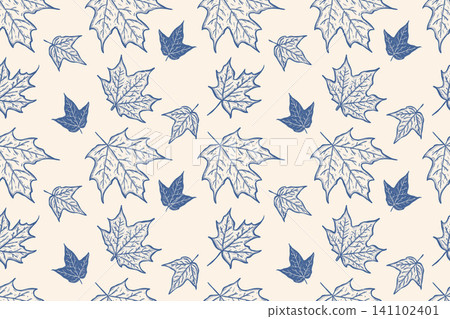Autumn Maple and Ivy Leaves Seamless Pattern in Vintage Blue Botanical Style 141102401