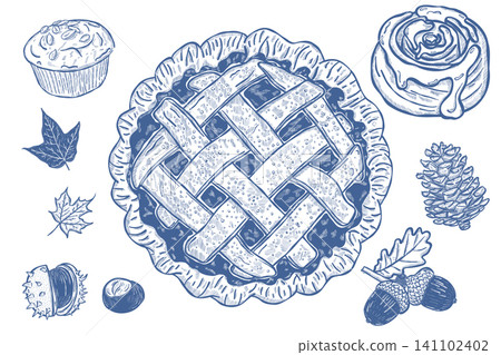 Autumn Pie and Pastry Collection with Acorns Leaves and Vintage Blue Engraving 141102402
