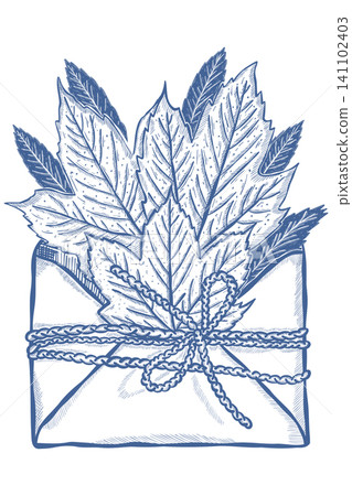 Decorative Autumn Envelope with Leaves and Twine in Vintage Blue Engraving Style Decorative Autumn Envelope with Leaves and Twine in Vintage Blue Engraving Style 141102403
