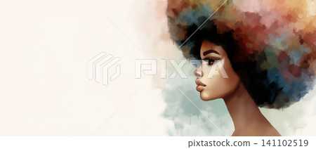 Artistic portrait of a Black woman with a vibrant afro hairstyle in profile view Artistic portrait of a Black woman with a vibrant afro hairstyle in profile view 141102519