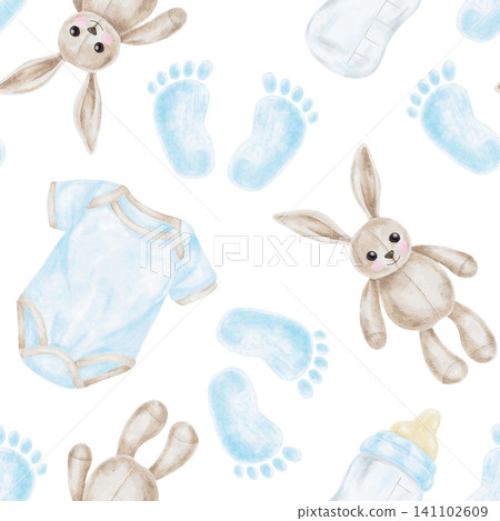 Blue baby bodysuit, beige bunny toy, baby bottle and footprints watercolor seamless pattern clipart for nursery fabric, wallpaper, wrapping paper, stationery and children's merchandise. Blue baby bodysuit, beige bunny toy, baby bottle and footprints watercolor seamless pattern clipart for nursery fabric, wallpaper, wrapping paper, stationery and children's merchandise. 141102609