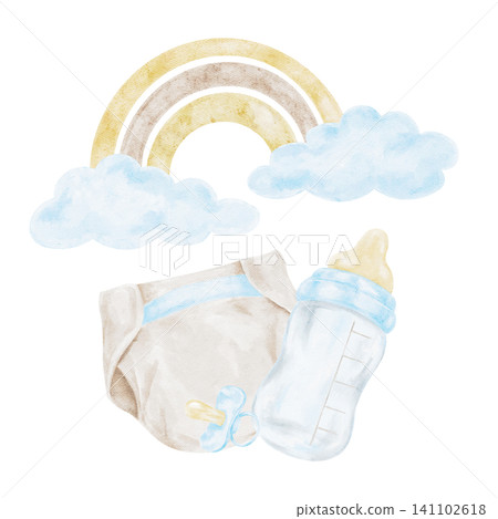 Beige rainbow, blue clouds, diaper and baby bottle watercolor composition clipart for nursery wall art, birth announcements, baby shower stationery, gift packaging and printable designs. Beige rainbow, blue clouds, diaper and baby bottle watercolor composition clipart for nursery wall art, birth announcements, baby shower stationery, gift packaging and printable designs. 141102618