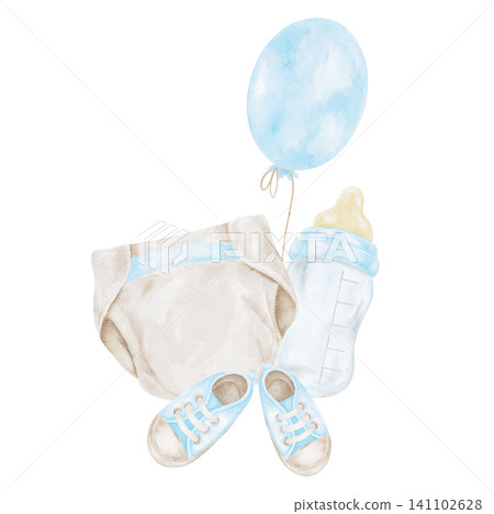 Blue balloon, beige baby diaper, baby bottle and blue shoes watercolor composition clipart for baby shower invitations, birth announcements, nursery prints, greeting cards, packaging and stationery 141102628