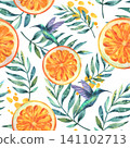 Watercolor seamless pattern with orange fruit slices, tropical leaves and hummingbirds. Hand painted botanical illustration for summer textile print and beach bar decoration. 141102713