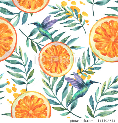 Watercolor seamless pattern with orange fruit slices, tropical leaves and hummingbirds. Hand painted botanical illustration for summer textile print and beach bar decoration. 141102713
