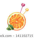 Watercolor orange slice with mint leaf and decorative party sticks. Hand drawn tropical citrus fruit garnish for summer cocktail. Refreshing beverage accessory for beach bar party. 141102715