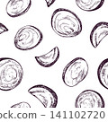 Beetroot slices pattern. Hand drawn ink sketch of vegetable pieces. Organic food illustration for textile print, menu background and healthy diet culinary design wallpaper concept. 141102720