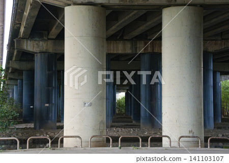 Underside View of Elevated Highway With Numbered Concrete Piers Underside View of Elevated Highway With Numbered Concrete Piers 141103107