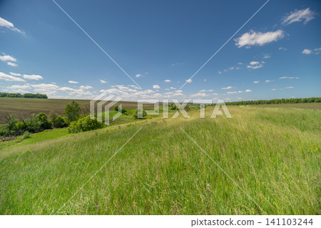 Sunny green meadow and rolling countryside under blue sky Sunny green meadow and rolling countryside under blue sky 141103244