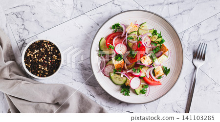 Italian vegetarian panacella salad on a plate on the table top view web banner Italian vegetarian panacella salad on a plate on the table top view web banner 141103285