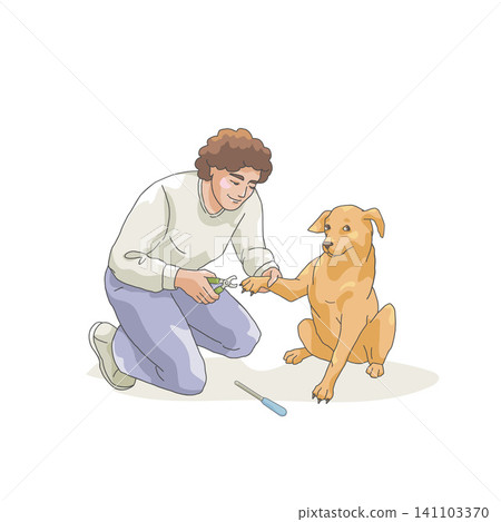 Owner clipping a dog's nails during a regular home hygiene routine. Vector illustration isolated on white background. Owner clipping a dog's nails during a regular home hygiene routine. Vector illustration isolated on white background. 141103370