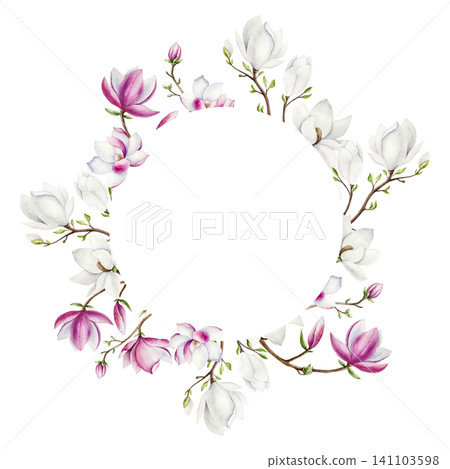 Magnolia logo, branch with pink and white flowers frame. Watercolor hand drawn spring template lush blossom illustration isolated on background, transparent png. Botanical and wedding clip art. For gr Magnolia logo, branch with pink and white flowers frame. Watercolor hand drawn spring template lush blossom illustration isolated on background, transparent png. Botanical and wedding clip art. For gr 141103598