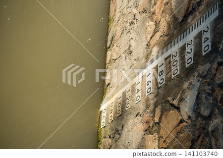 River Water Level Gauge Mounted on Canal Wall 141103740