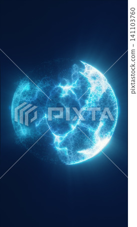 Blue glowing cellular sphere with translucent membrane, electric veins, and dark background for futuristic biology concepts. Blue glowing cellular sphere with translucent membrane, electric veins, and dark background for futuristic biology concepts. 141103760