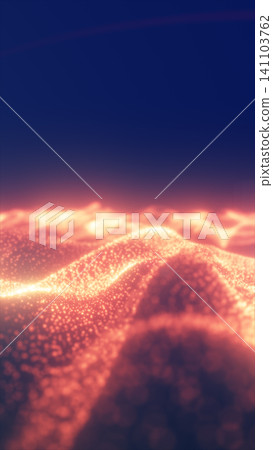 Glowing coral particle landscape with soft light waves, sparkling dots, and a warm futuristic horizon on a dark background. Glowing coral particle landscape with soft light waves, sparkling dots, and a warm futuristic horizon on a dark background. 141103762