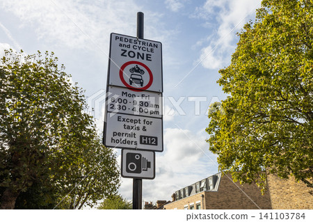 Pedestrian and cycle zone road sign in London UK 141103784