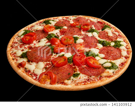 Pepperoni Pizza with Cherry Tomatoes, Mozzarella and Pesto Isolated on Black Background 141103912