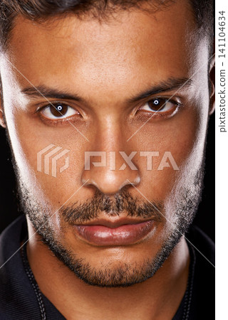 Portrait, confidence and closeup of man in studio isolated on a black background. Face, serious and skin of a young handsome male person with beard for profile picture on a backdrop in Argentina 141104634