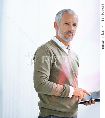Senior, business man and tablet for online schedule, planning agenda with CEO of finance company in portrait. Digital, networking and tech app for project management with serious boss at office Senior, business man and tablet for online schedule, planning agenda with CEO of finance company in portrait. Digital, networking and tech app for project management with serious boss at office 141104681