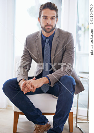 Businessman, portrait and confident in office chair, professional and relax for job satisfaction in workplace. Hr consultant, positive and face for career as recruiter and formal style in company 141104769