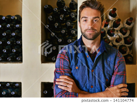 Wine cellar, man and portrait with alcohol, bottle and drink choice of sommelier and inventory. Winery, confidence and shelf with shop worker with vintage selection of liquor at a store or restaurant Wine cellar, man and portrait with alcohol, bottle and drink choice of sommelier and inventory. Winery, confidence and shelf with shop worker with vintage selection of liquor at a store or restaurant 141104774