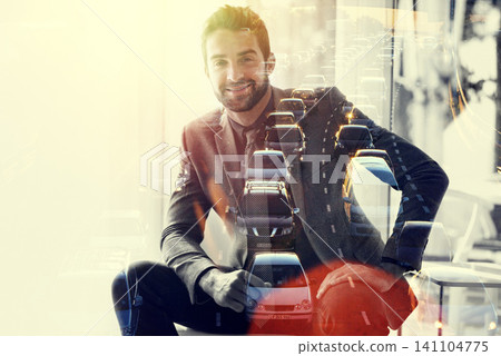 Double exposure, portrait and happy businessman by city background and confidence in career in transport. Face, smile and travel agent with pride in job and trip advisor for commute in urban town Double exposure, portrait and happy businessman by city background and confidence in career in transport. Face, smile and travel agent with pride in job and trip advisor for commute in urban town 141104775
