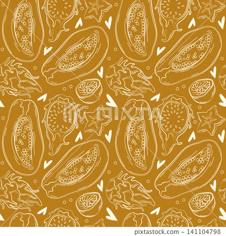 Hand-drawn seamless background made of tropical summer fruits, papaya, passion fruit, carambola, dragon fruit in line art style 141104798