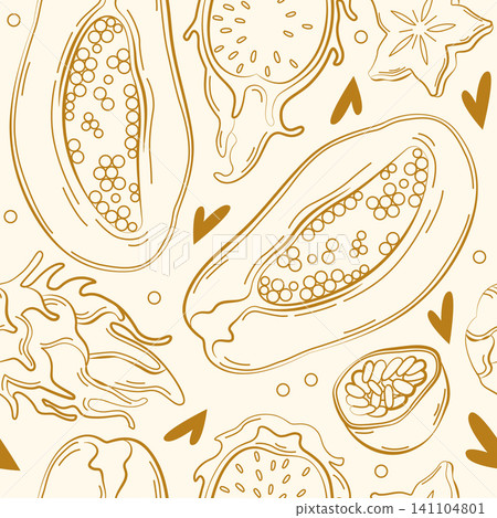 Hand-drawn seamless pattern made of tropical summer fruits, papaya, passion fruit, carambola, dragon fruit in line art style Hand-drawn seamless pattern made of tropical summer fruits, papaya, passion fruit, carambola, dragon fruit in line art style 141104801
