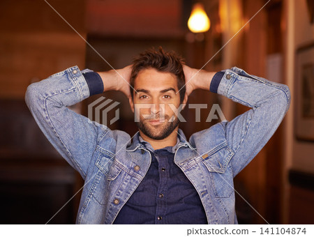 Portrait, smile and handsome male person in home, fashion and denim for relax or holiday. Confidence, smirk and style for man model with hands behind head, trendy and on vacation in Texas house Portrait, smile and handsome male person in home, fashion and denim for relax or holiday. Confidence, smirk and style for man model with hands behind head, trendy and on vacation in Texas house 141104874