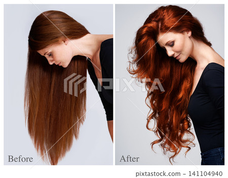 Transformation, woman and hair before after in salon for hairstyle, keratin or collagen treatment. Redhead, female person and collage for change with cosmetics, healthy and shiny curls as transition 141104940