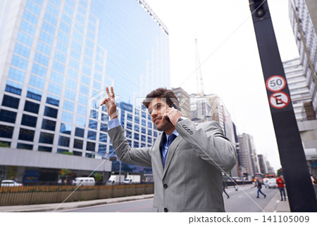 Phone call, businessman and stop taxi in city to travel, talking or communication of salesman outdoor in town. Smartphone, transport and professional hailing a cab or commute on street for trip Phone call, businessman and stop taxi in city to travel, talking or communication of salesman outdoor in town. Smartphone, transport and professional hailing a cab or commute on street for trip 141105009