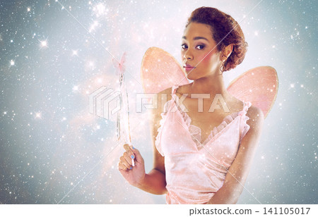 Woman, fairy and magic with glitter in studio portrait for wand, shine and pride with stars on background. Person, model or girl for fantasy, costume and butterfly wings for story, art and creativity Woman, fairy and magic with glitter in studio portrait for wand, shine and pride with stars on background. Person, model or girl for fantasy, costume and butterfly wings for story, art and creativity 141105017