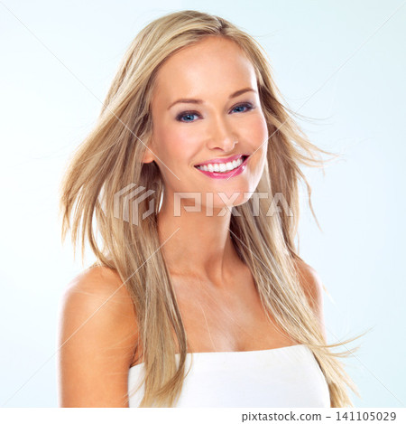 Happy woman, portrait and wind for hairstyle in studio, cosmetics and keratin treatment on white background. Female person, conditioner and breeze for dermatology or texture, confidence and shampoo Happy woman, portrait and wind for hairstyle in studio, cosmetics and keratin treatment on white background. Female person, conditioner and breeze for dermatology or texture, confidence and shampoo 141105029