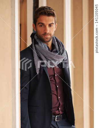 Fashion, thinking and handsome man in home with classy, elegant and stylish outfit with scarf for confidence. Ideas, fancy and male person with brainstorming face, style and accessory in modern house Fashion, thinking and handsome man in home with classy, elegant and stylish outfit with scarf for confidence. Ideas, fancy and male person with brainstorming face, style and accessory in modern house 141105045