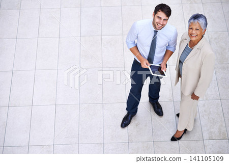 Business people, portrait and tablet for teamwork, planning and leadership above in human resources. Professional woman, manager and employees with digital technology for collaboration and mockup 141105109
