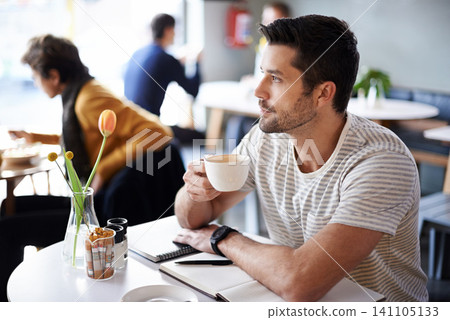 Coffee shop, thinking and man with notebook for remote work in restaurant, cafeteria and diner. Freelance, career and person for planning, ideas or project with beverage, caffeine and cappuccino Coffee shop, thinking and man with notebook for remote work in restaurant, cafeteria and diner. Freelance, career and person for planning, ideas or project with beverage, caffeine and cappuccino 141105133