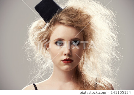 Face, woman and circus performer in studio on white background with creative makeup for entertainment, artist and passion. Portrait, female person and career with hat for halloween party and fun Face, woman and circus performer in studio on white background with creative makeup for entertainment, artist and passion. Portrait, female person and career with hat for halloween party and fun 141105134